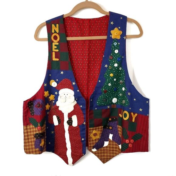 Christmas tree Snowman Noel Vintage Rare art to wear handMade patch Vest - Picture 1 of 8